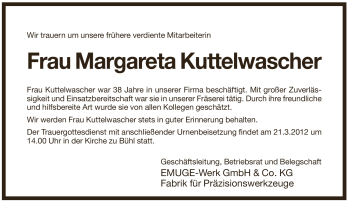 Traueranzeige von Margareta Kuttelwascher von Pegnitz-Zeitung
